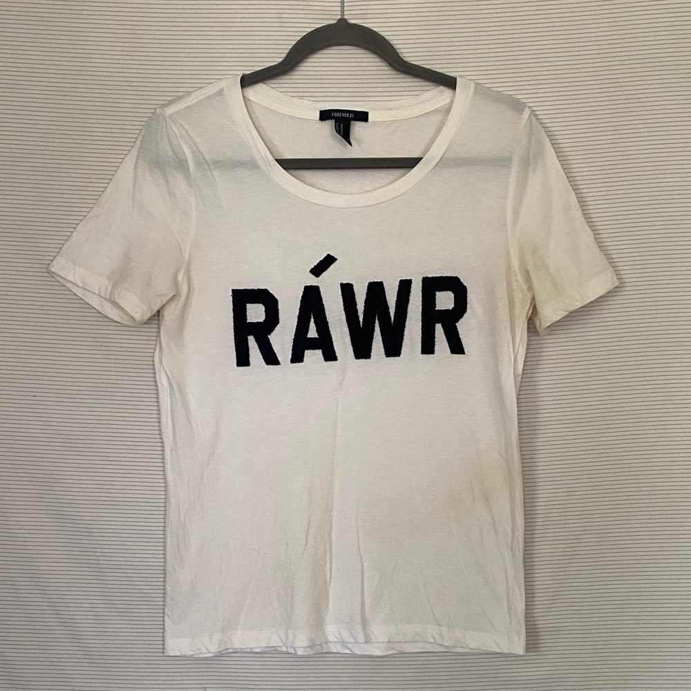 Forever 21 White Short-Sleeve Tee with Black RÁWR Graphic
